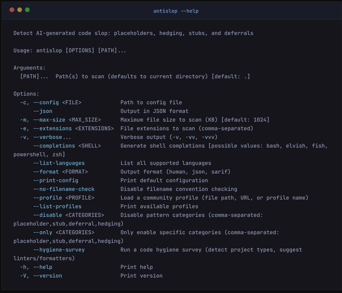 AntiSlop CLI help showing supported languages and options