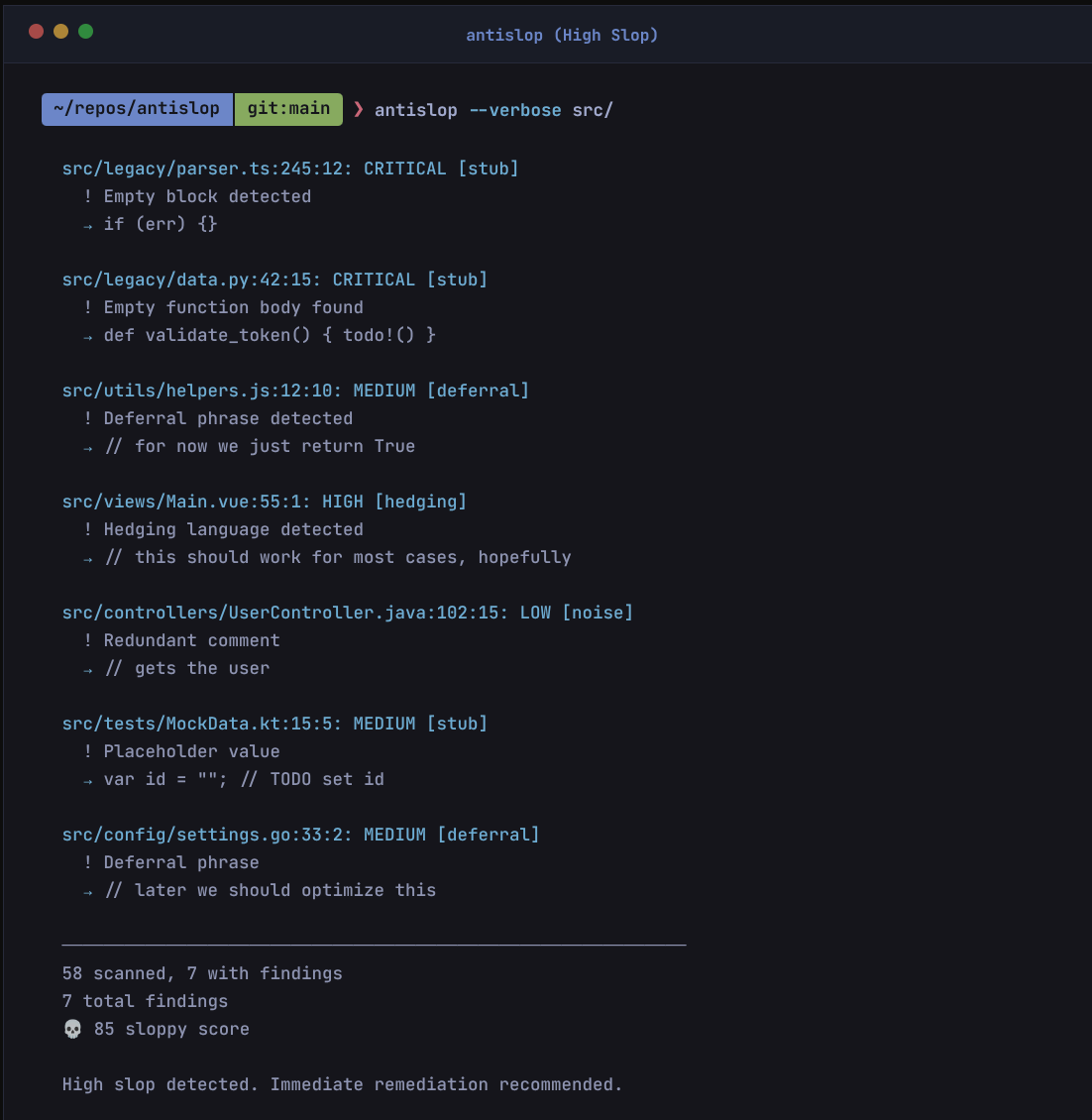 AntiSlop detecting code slop in a real project